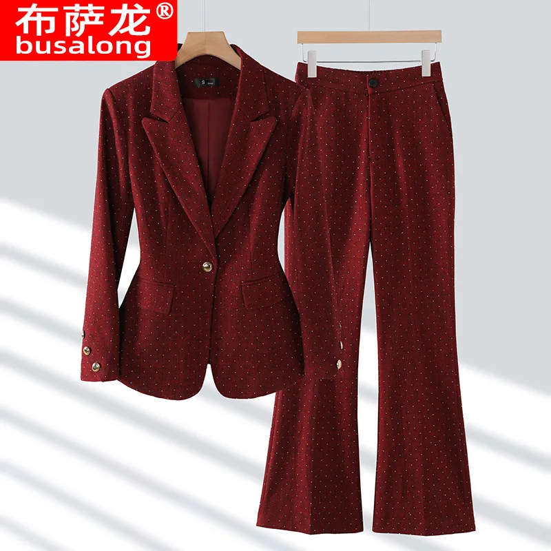 2024Fall Winter Fashion Casual Woolen Suit Women's New Korean Suit Bell-Bottom Pants Two-Piece Suit All-Matching Fashion