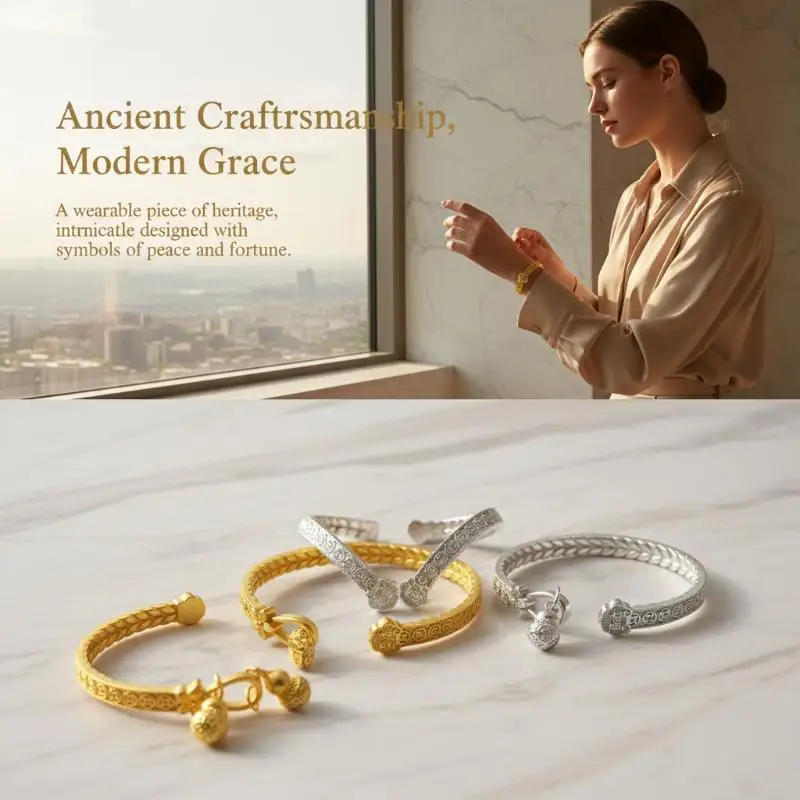 Lucky Gourd Charm Open Cuff Bangle Gold Plated Alloy Auspicious Pattern Ideal Birthday Gift for Female Friends
