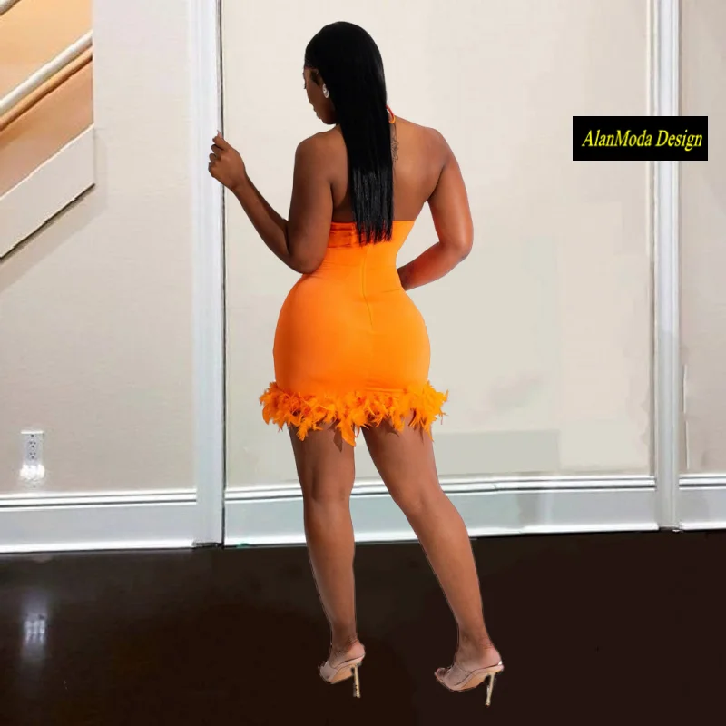 Sexy Orange Cocktail Dresses For Women Sequin Feathrs Halter Short Prom Gowns Backless Mini Birthday Party Outfits