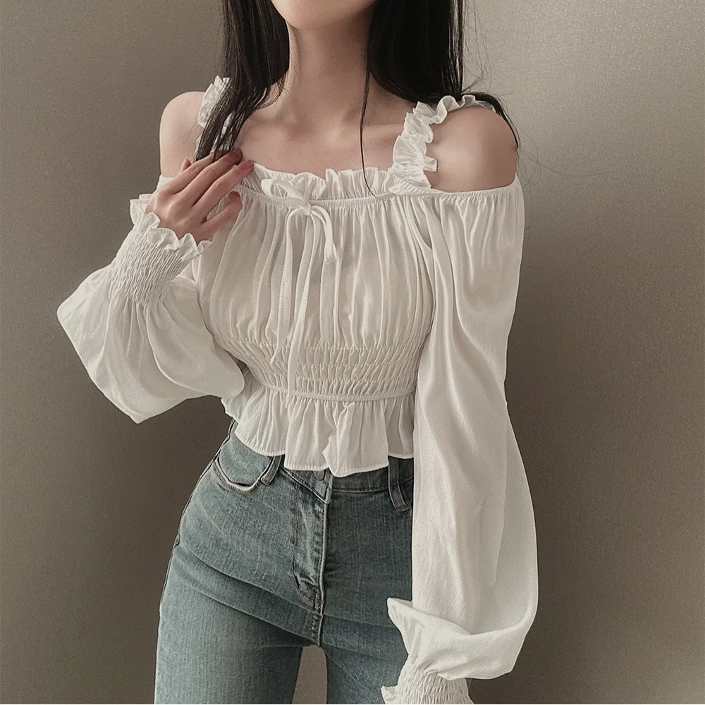 

Blouse Women Office Lady Korea French Style Long Sleeve Solid Knitted Belt Strap Blusas Womens Tops And Blouses