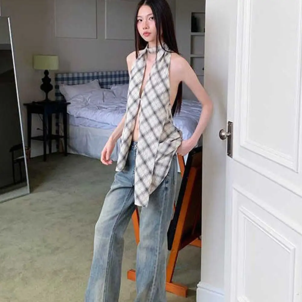 Camisola sin mangas con cuello Halter de rejilla de estilo coreano, Tops cortos ajustados con abertura Irregular, chaleco con tirantes para chica picante y dulce para playa