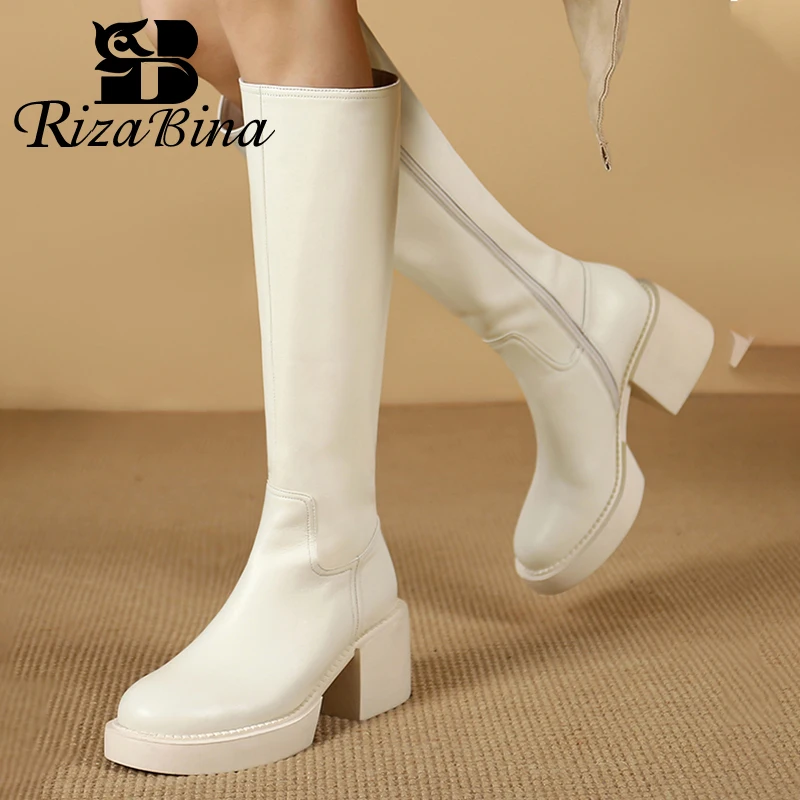 

RIZABINA Women Long Boot Real Leather Winter Women Shoes Fashion High Heels Ladies Knee Boot Zipper Casual Footwear Size 34-39