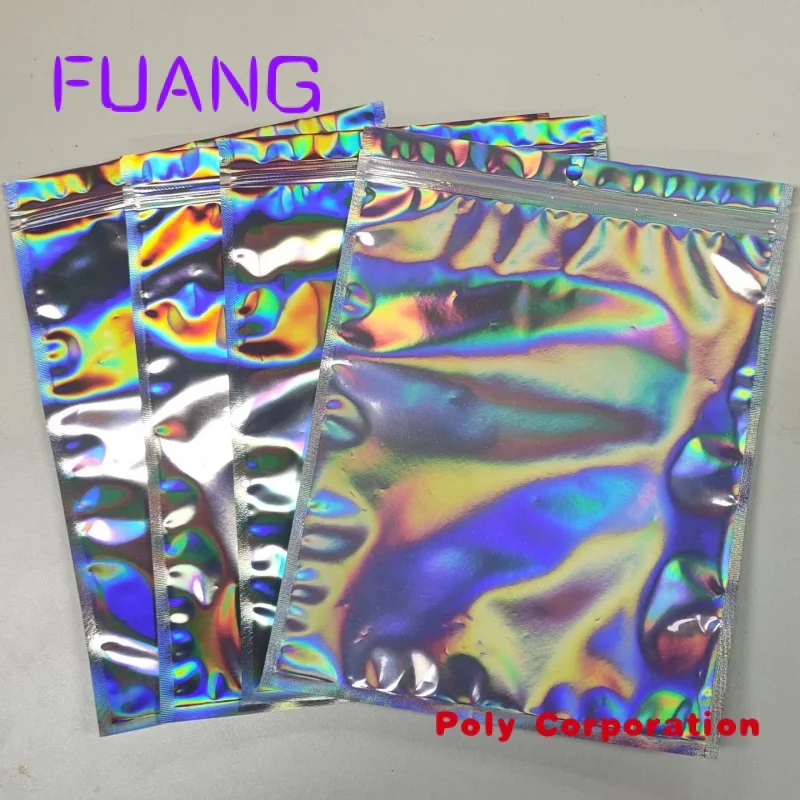 Custom  custom resealable transparent cosmetic holographic packaging bag pouch/holographic ziplock bag self adhesive makeup zipp