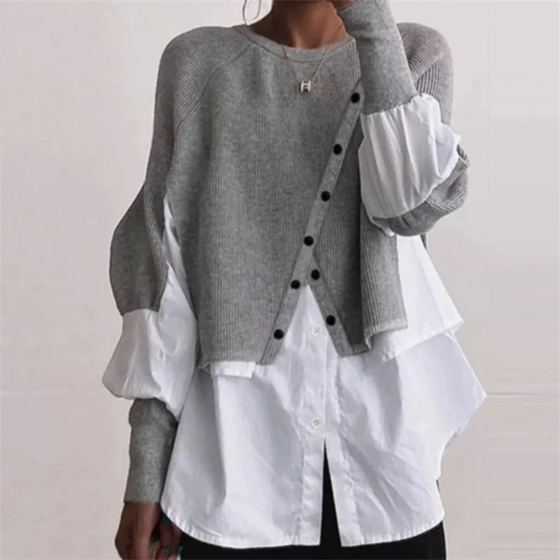 Autumn New Creative Knitted Sweater Spliced Shirt Elegant Women\'s Warm Pullover Round Neck Top Coat