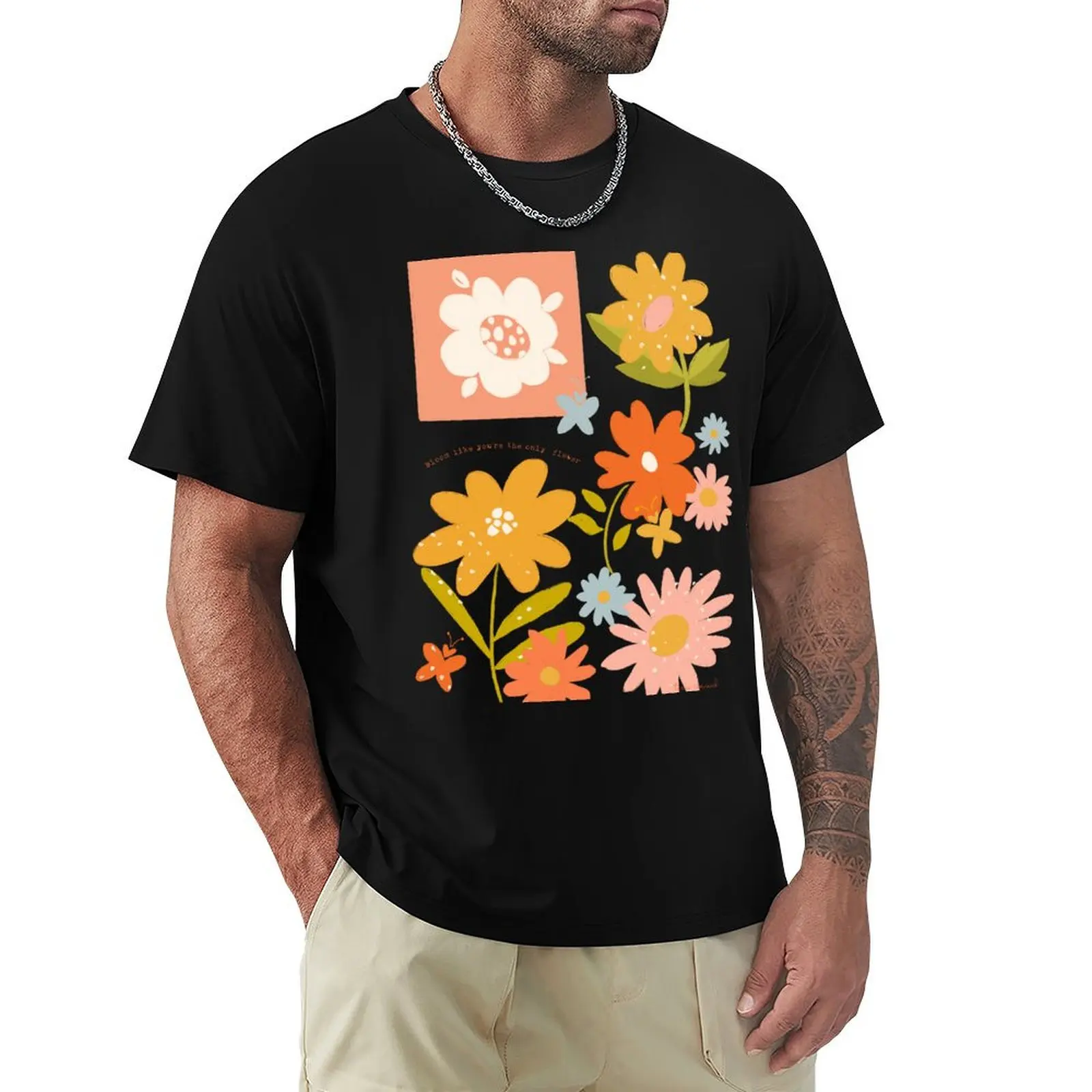 Modern Folk Art Flowers - Yellow, pink, coral, blue - Bloom quote T-Shirt Daily Casual Short Sleeve Tee Shirt