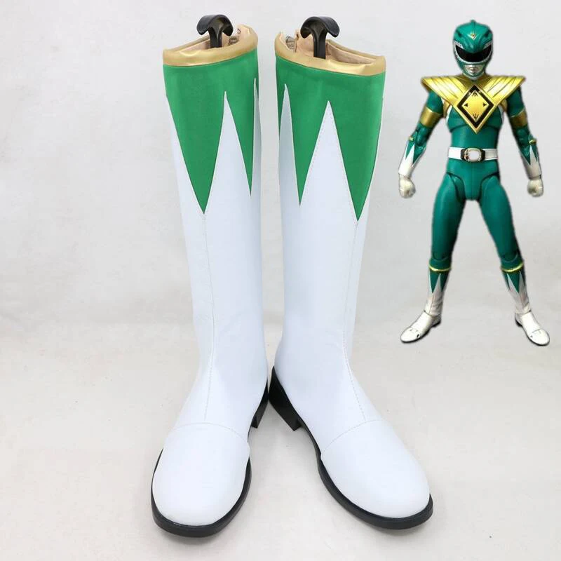 In Stock Tommy Oliver Cos Boots, Green Ranger Cosplay Shoes, White Knee High Boots With Green Triangle Pattern & Golden Cuff Dec