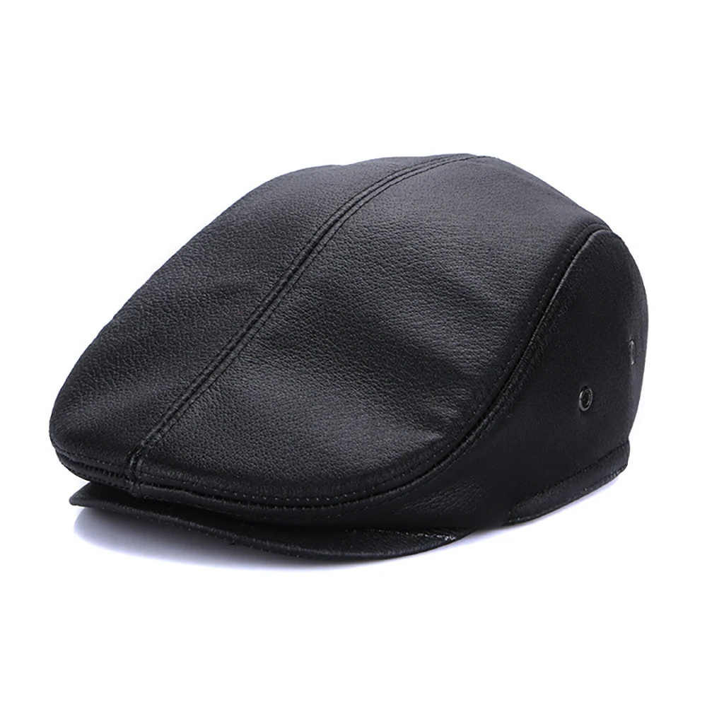 Lvy Male Ear Flaps Thicker Genuine Cowhide Leather Solid Classic Driving Cap Winter Flat Caps Beret Men Black Warm Duckbill Hat