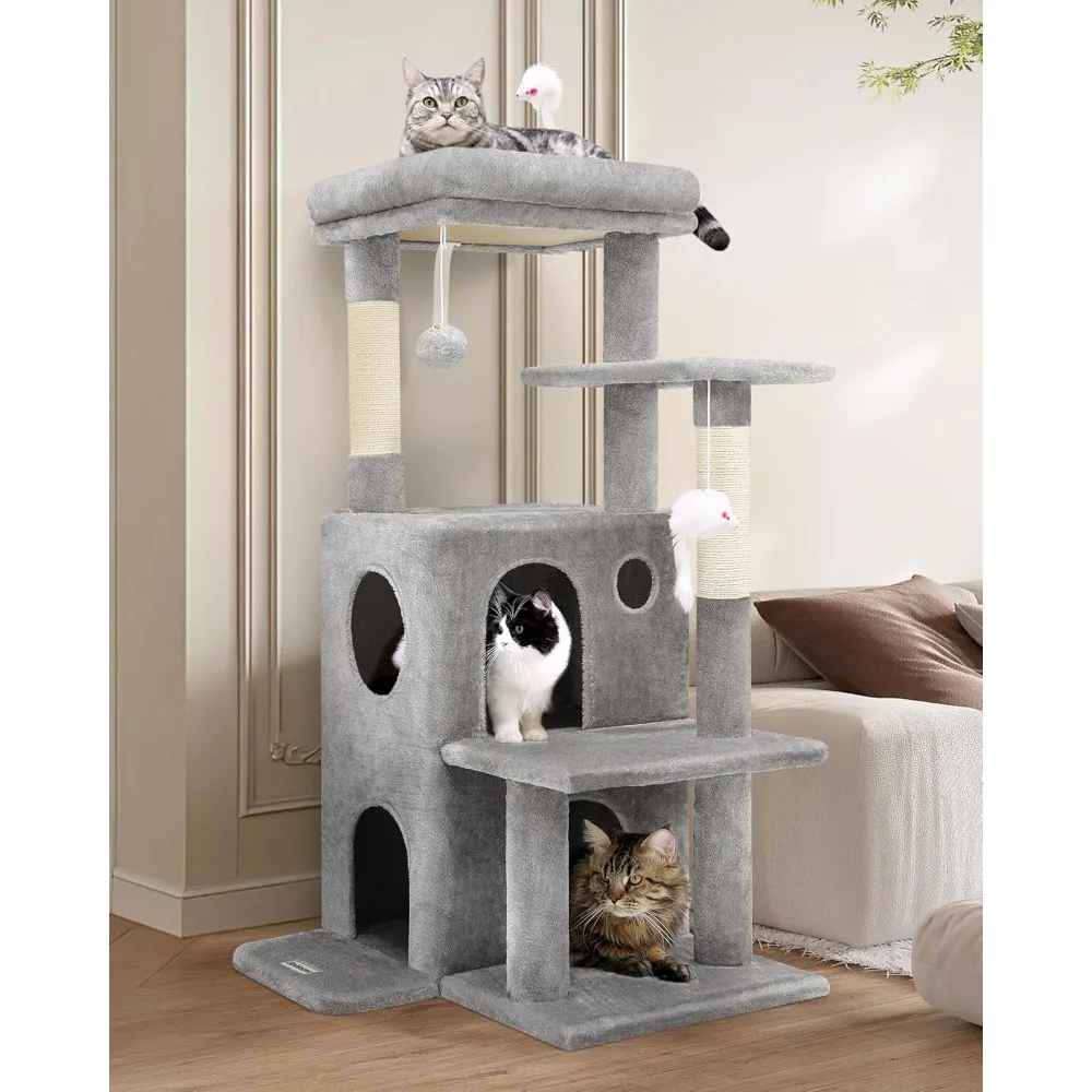

Cat Tree Tower for Indoor Cats, 50-inch Adult Cat Tree House for Large Adult Cats with Steps, Scratching Post, 2 Cat Caves
