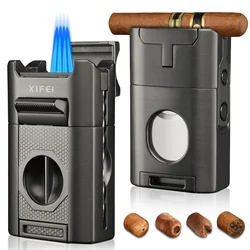 6-in-1 Cigar Lighter,4 Jet Flame Torch Lighter with Straight Cut V-Cut Cutter, Dual Punch, Cigar Poker, Holder,Butane Refillable