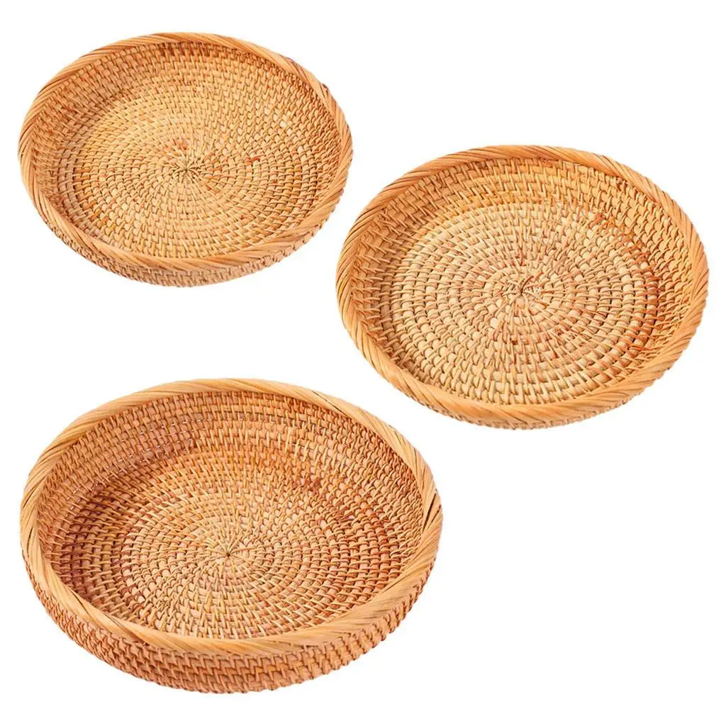 Wicker Hand-woven Round Bread Basket Holder Fruit Bowl Rattan Food Storage Tray