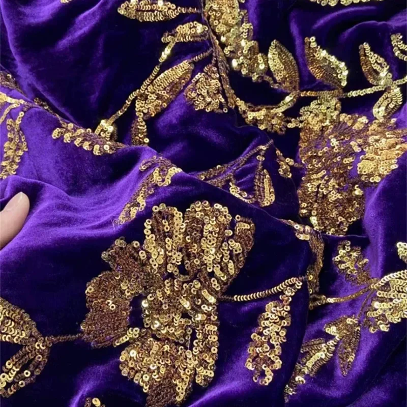 New Purple Base Silk Velvet Heavy Industry Sequin Studded Embroidered Cheongsam Hanfu Dress 100% Mulberry Silk Fabric Satin