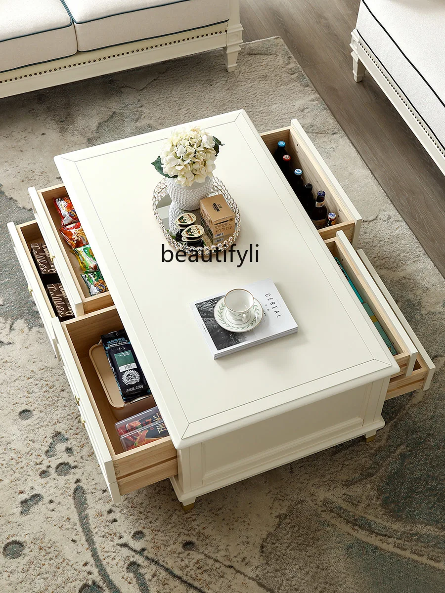 Luxury Solid Wood Living Room White Coffee Table TV Cabinet Combination So Easy So Beauty Storage Six-Drawer Coffee Tea Table