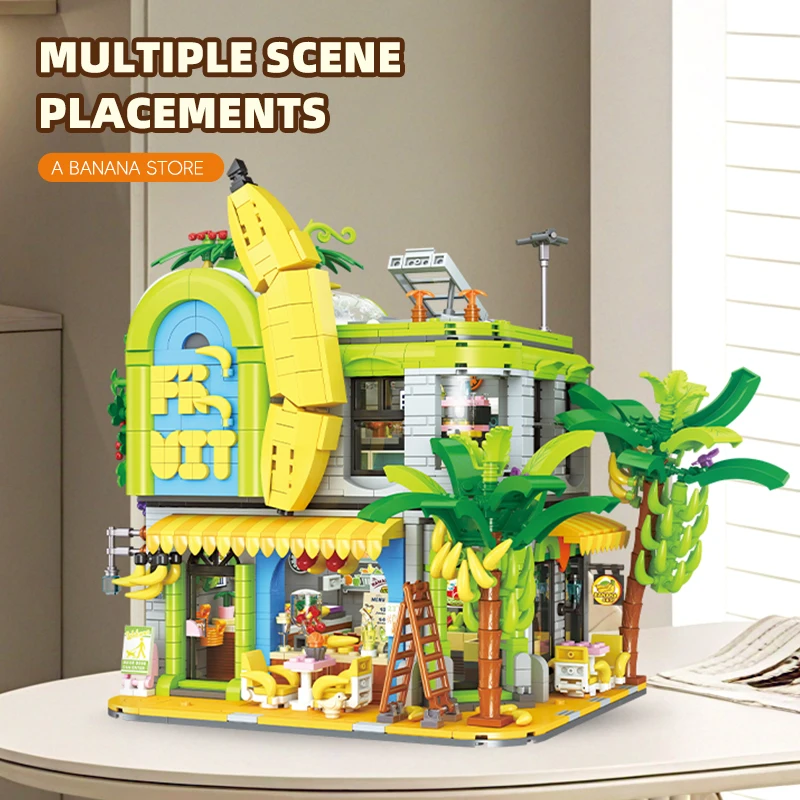 

Creative Banana Shop Building Bricks Classic MOC Architectural Blocks Multiple Scence Placements Fruit Store Model Boy
