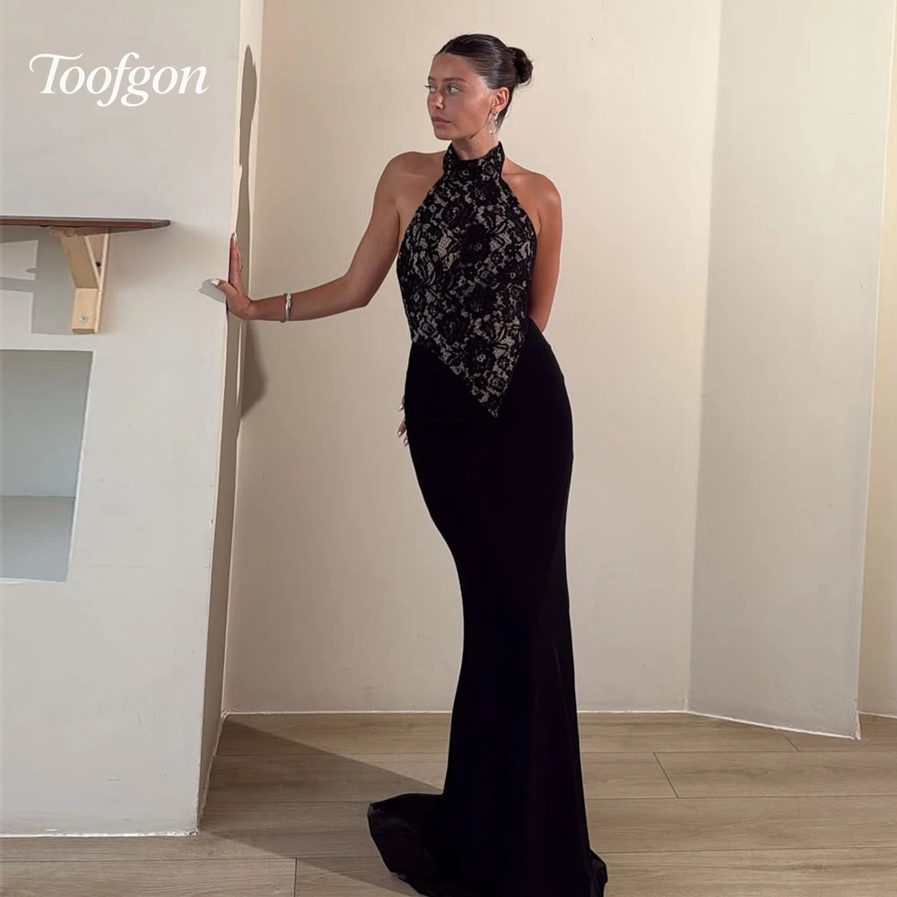 

Toofgon Lace Appliques Black Evening Dresses Women Mermaid Halter Backless Formal Party Gowns Bespoke Occasion Dress Customized