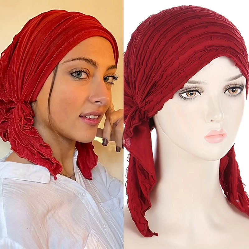 Women\'s Hijab Ruffle Trim Breathable Pleated Head Scarf Cap Breathable Hair Cap Fashionable Turban Multicolor Available