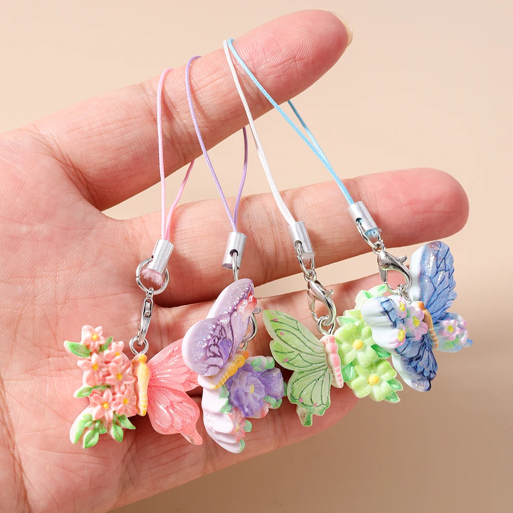 Aihua 4 teile/satz Süße Schöne Bunte Schmetterling Telefon Kette Hängen Telefon Gurt Handgemachte Mobile Lanyard Schlüsselbund Schmuck Geschenke – Detail 1