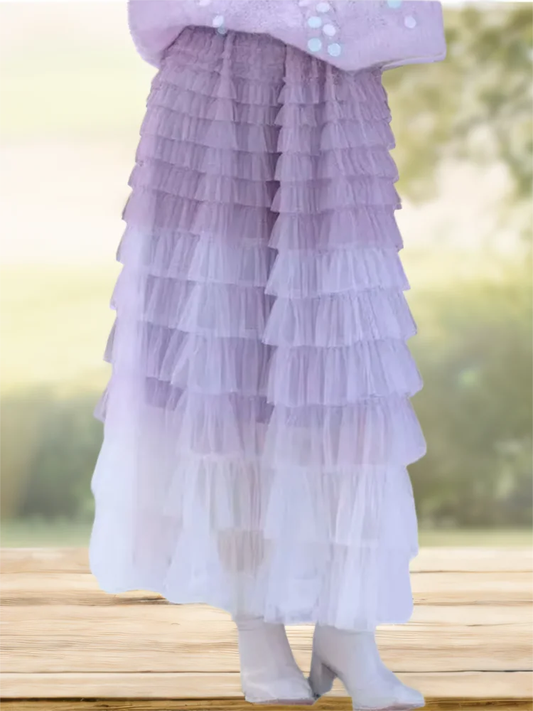 حار التباين اللون متعدد الطبقات كشكش شبكة تنورة المرأة بوهو عالية الخصر طويل ماكسي تول تنورة الربيع الصيف ملابس نسائية للحفلات #1