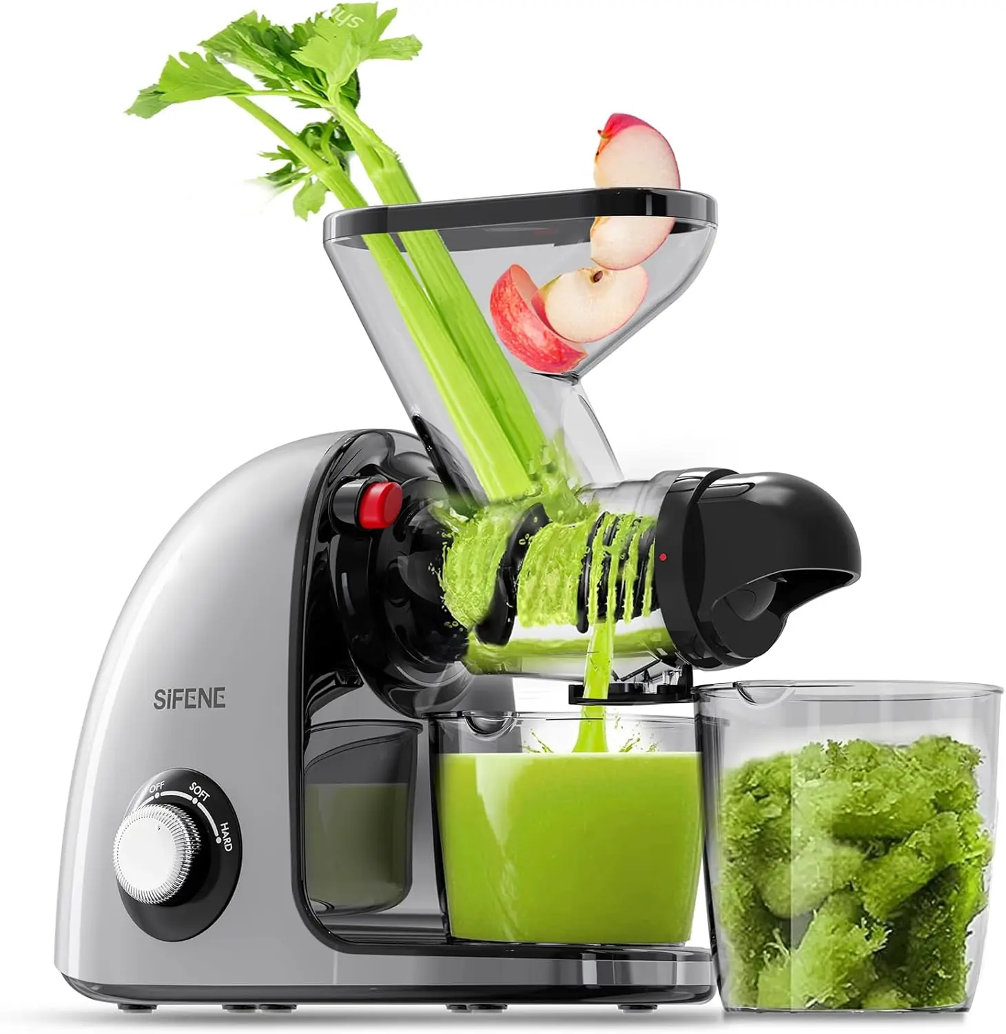 Slow Masticating Juicer with Dual Feed Chute, 150W Motor, Gray: 90 RPM Cold Press, Quiet Operation, Brush-Aided Cleaning, 550ml