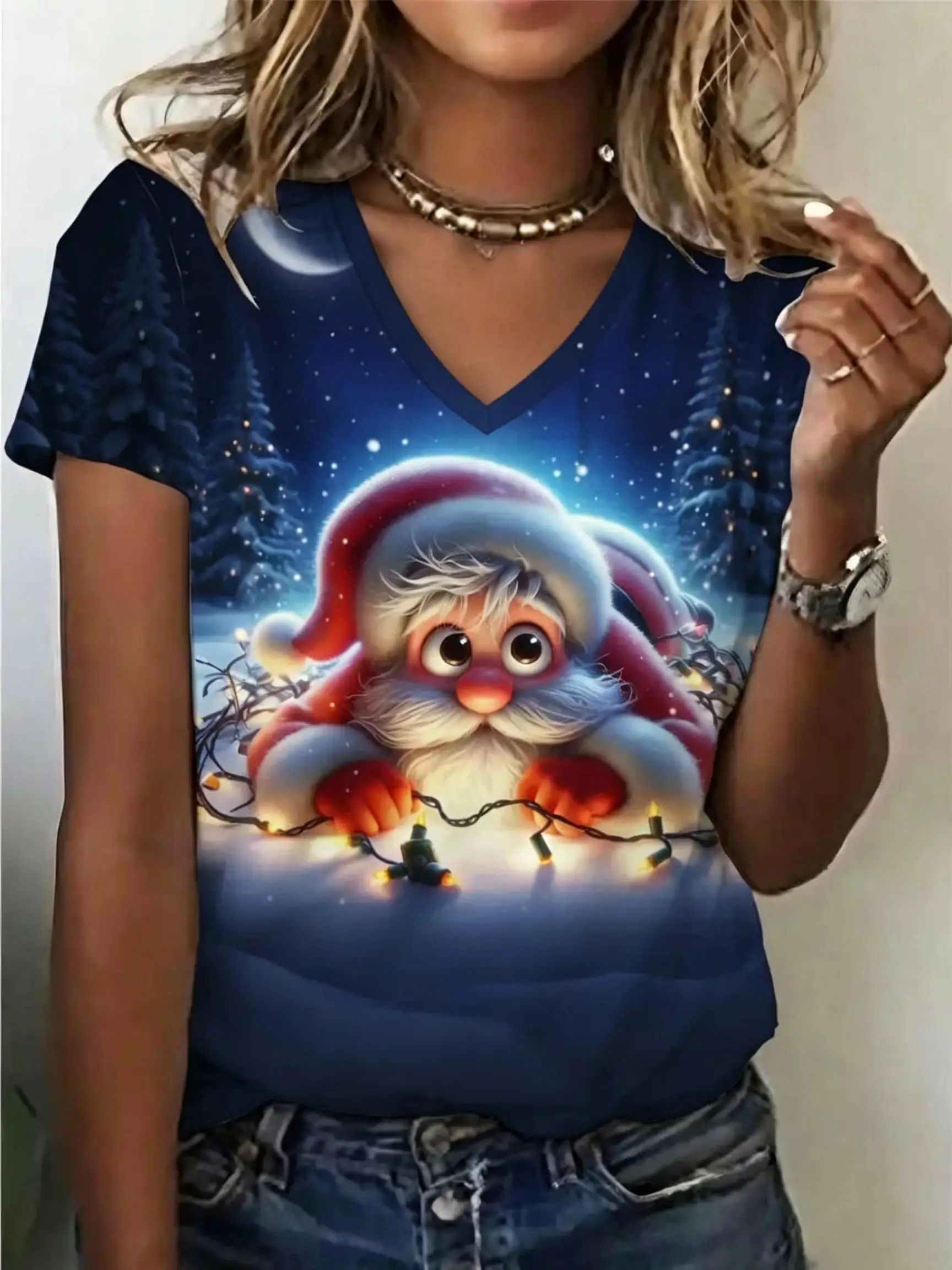 Women V‑Neck Short Sleeve T‑shirt Christmas Graphic Tee Cute Deer Santa Cat Snow Scene Xmas Holiday Casual Party Top