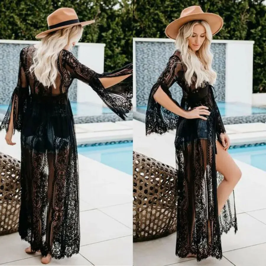 

Summer Women Lady Lace Crochet Bikini Cover Up Kimono Cardigan Swimwear Kaftan Bathing Suit Long Sleeve Vacation Beach Dress