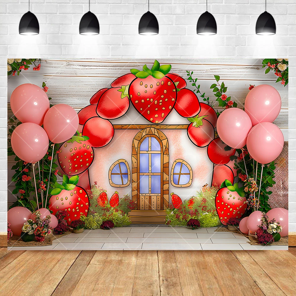 Red Strawberry Berry House BalloonArch Girl Boy Baby Kid Shower Birthday Party Cake Smash Backdrop Custom Decor Photo Background