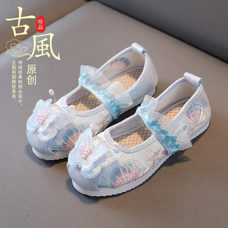 Girls Flat Shoes New Design Kids Handmade Embroidered Shoes Chinese Style Flowers Butterfly Children's Hanfu Performance Shoes