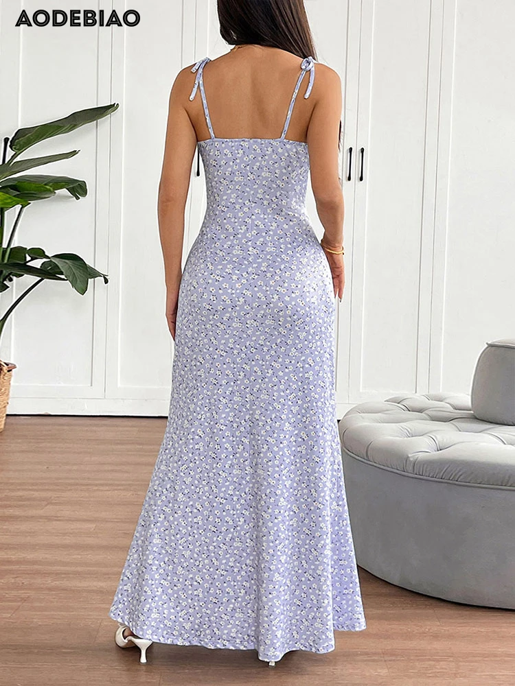 AODEBIAO レディース マキシドレス 夏 ノースリーブ ファッション プリント レースアップドレス セクシー スリム バックレス カジュアル エレガント パーティー ストラップドレス