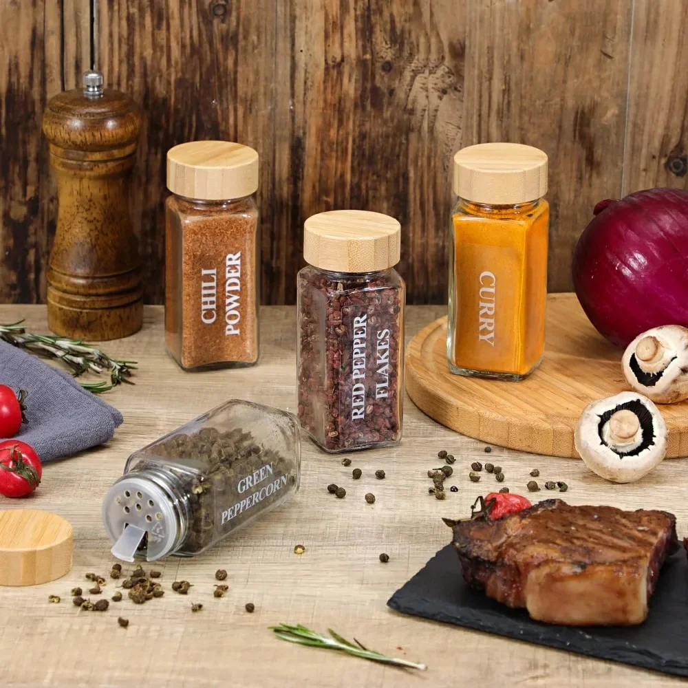 6/12/24pcs Glass Spice Jars with Bamboo Lids Or Metal Lids Include 4oz Square Spice Containers Minimalist Spice Labels Stickers