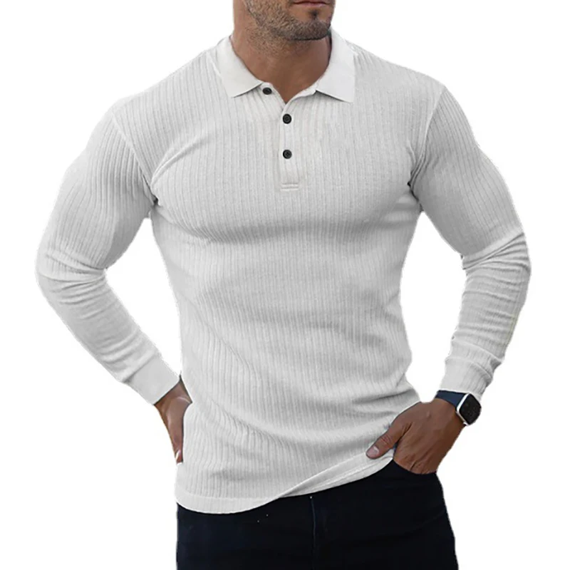 Autumn Knitted Long Sleeve Polo Shirt Men Spring Sports Polos Gym Clothing Fitness Workout Skinny T-shirt Bodybuilding Tee Shirt