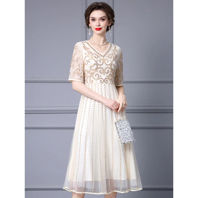 Luxury Temperament Dress SummerVCollar Machine Embroidery Rhinestone Stitching Mesh Dress2024New