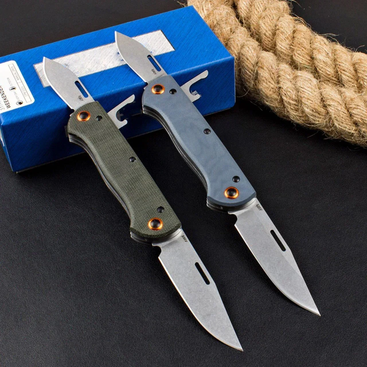 Blue/Green BM 371 2-blade Folding Knife S30V Drop Point Blades G10/linen Handle Outdoor EDC Tools Camping Knives with Box