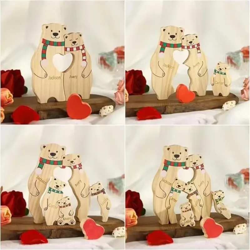Christmas Wooden Bear Puzzle Family Cute Bear Ornament Carved Name Winter Home Ornament Personalized Ornament Gift for Mother