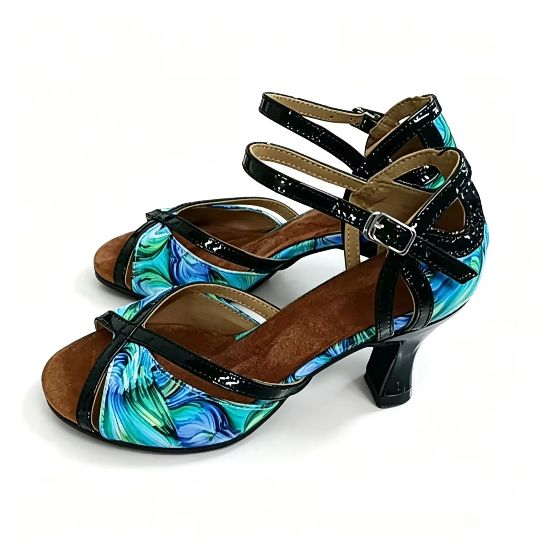 Zapatos de Baile Latino para Mujer, Estampado de Mármol Azul y Verde, Correa de Tobillo con Hebilla, Tacón Medio, para Salsa, Tango, Baile de Salón, Entrenamiento y Competencia