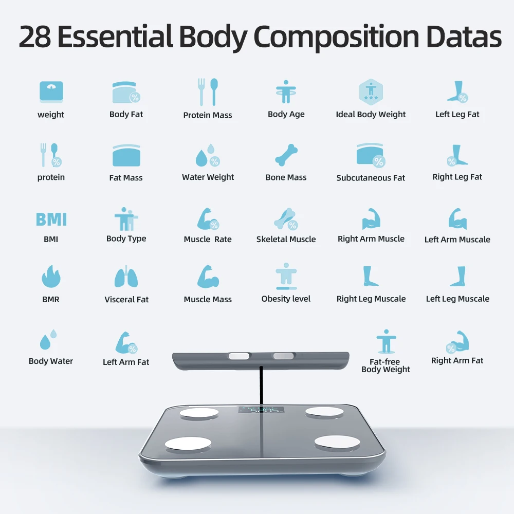 Báscula de grasa corporal inteligente, nueva báscula profesional de bioimpedancia de 8 electrodos con medición, transmisión de voz e informe