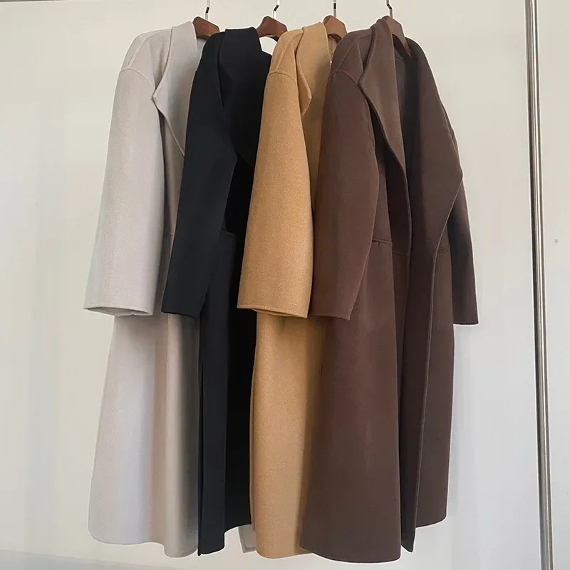 

2021 Winter Wool Cashmere Long Coat Silhouette Side Slit Lapel Long Trench For Women