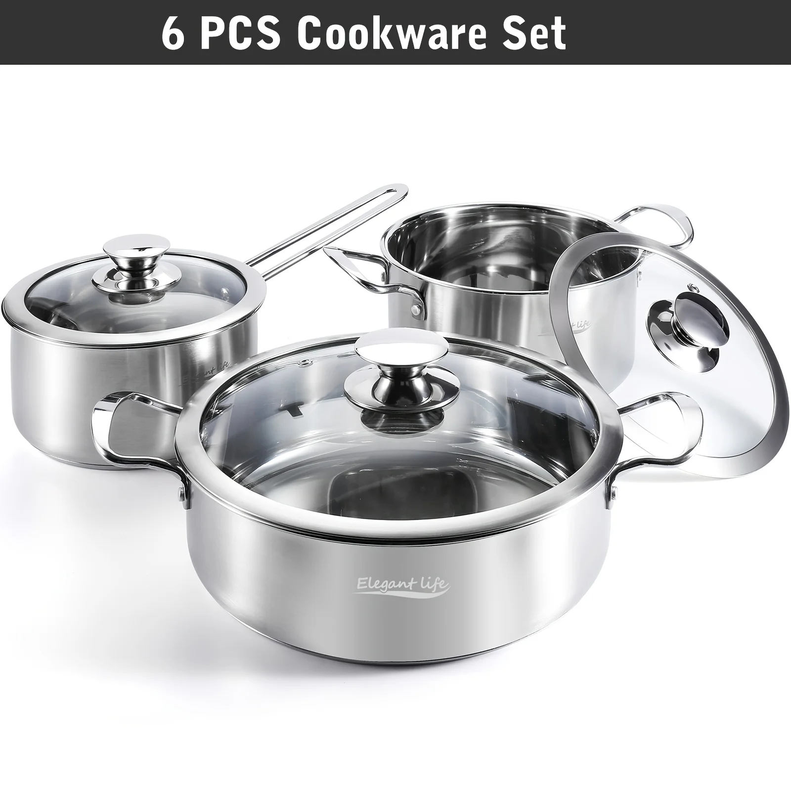 

6pcs Stainless Steel Pot Set, 3 Layers Of High Quality Food Grade Stainless Steel, Suitable for All Stoves, Dishwasher Safe, Essential for Camping, Suitable for Outdoor Camping, Parties
