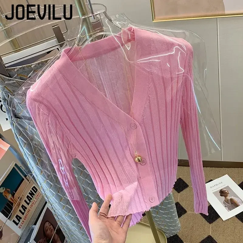 JOEVILU Knitted Cardigan Women Thin Ice Silk Shawl Sunscreen Clothing Solid Color Shirts Short Coat Pair with Skirt White Shirt