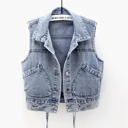 Fashion New Women's Lace up Big Pocket Denim Vest Waistcoat