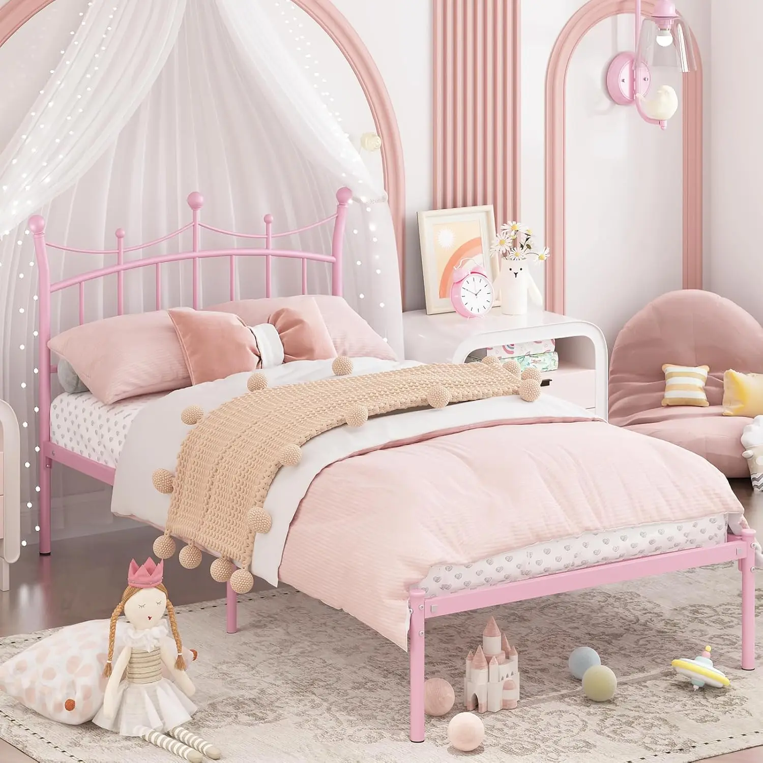 Princess Twin Bed Frame with Crown Headboard, Heavy Duty Metal Platform, Easy Assembly, Light Pink