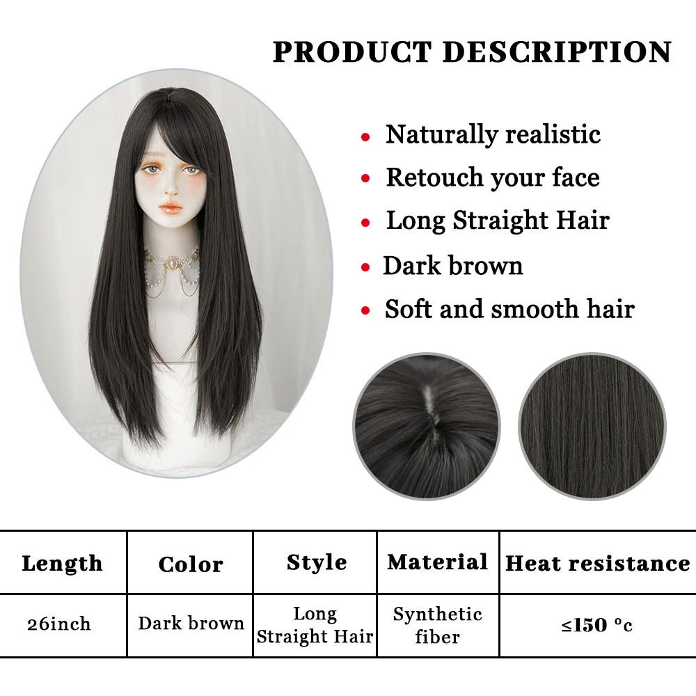 PARK YUN Long straight Dark brown Wig for Women Natural Mid Parting Sweet Synthetic Wigs Heat Resistant Daily Cosplay Lolita Wig