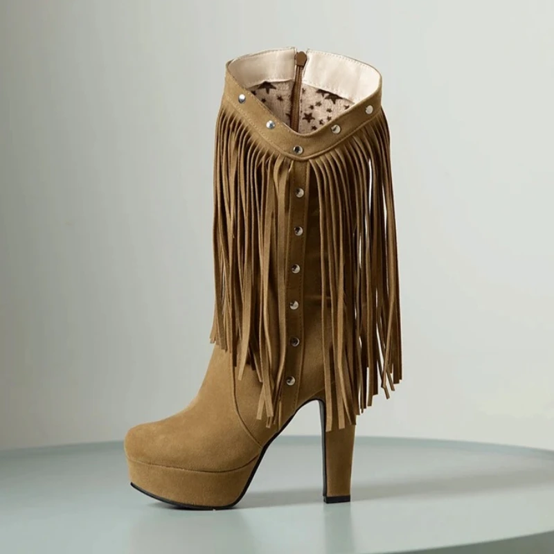 Autumn Winter Midi Calf Boots Women's Modern Boots Superior Nubuck High Heel Tassel Decor Casual Platform Shoes Botas Mujer