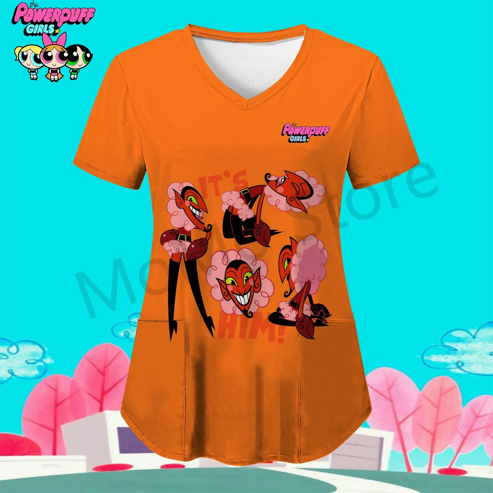 Women's Nurse Uniform T-Shirt The Powerpuff Girls Pocket Streetwear Youthful Woman Clothes Tops V Neck 3D Print Lovely Sale 2024