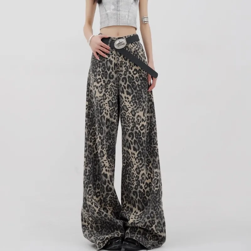 

Leopard Print Jeans Women Summer New High Waisted 2000S Vintage Wide Leg Pants Streetwear Fashion Casual Baggy Denim Trouser Y2k