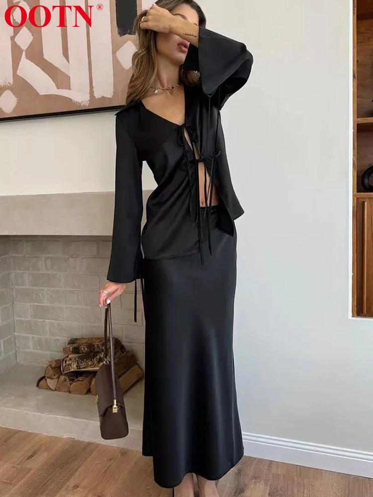 OOTN Black Two Piece Sets Loose Long Sleeve V Neck Women Tops Lace Up Solid Casual Skirt Suits 2024 Autumn Fashion Female Set