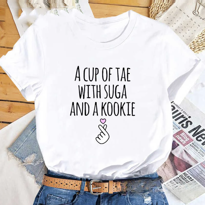 A Cup of Tae with Suga and A KHarajuku Shirt Printed T-Shirt Women Korean Casual Kdrama Idol Fashion High Quality Cotton Tee Top