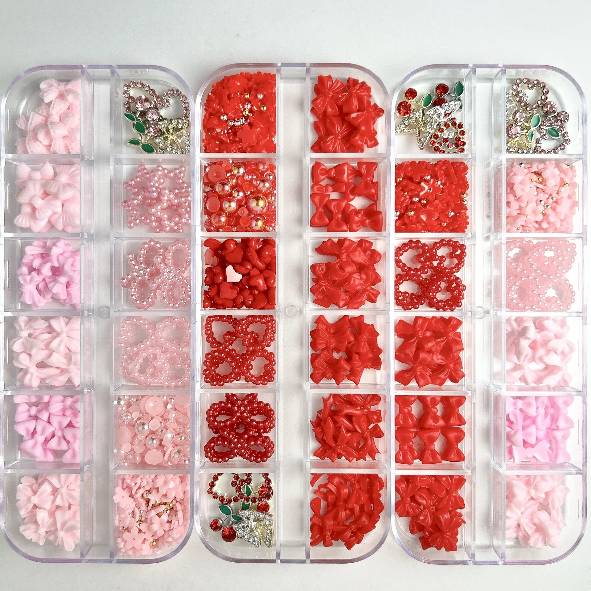 1Box 3D Resin Red And Pink Ribbon Bow Nail Charms Sparkling Alloy Butterfly Hollowed Heart Nail Art Decoration for Manicure DIY