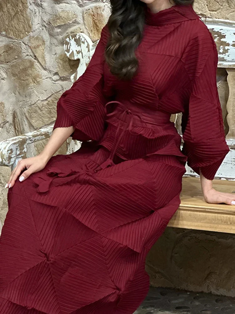 

ANLAN Pleated 2 Pieces Sets For Women Handmade Pleated Bandage Shirt Top+long Length Fold Skirt Female Luxury Clothing 2AN8249
