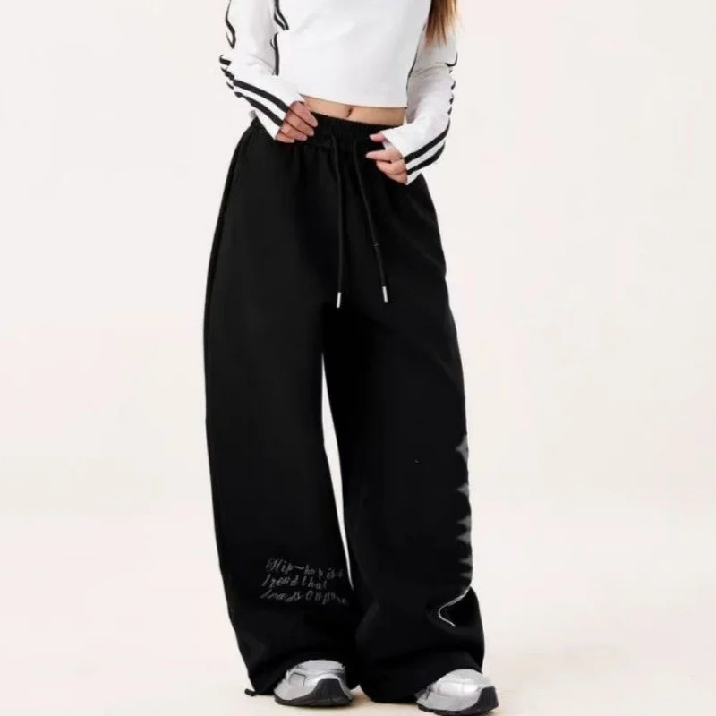 Amerykańskie spodnie sportowe damskie w stylu vintage, szerokie nogawki, modne trendy streetwear, styl koreański, spodnie do tańca.