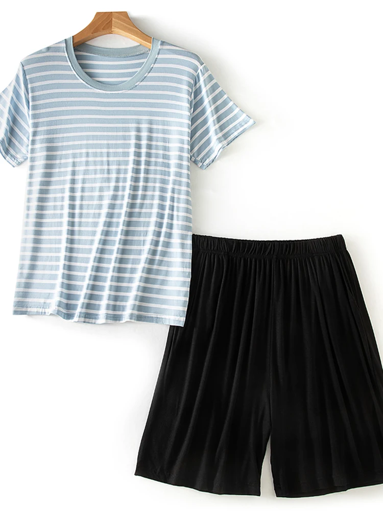 

Men's Modal Home Clothes Loose Striped T-irt orts Set Summer Thin Home Spwear Two-piece Set Comfortable Breathable