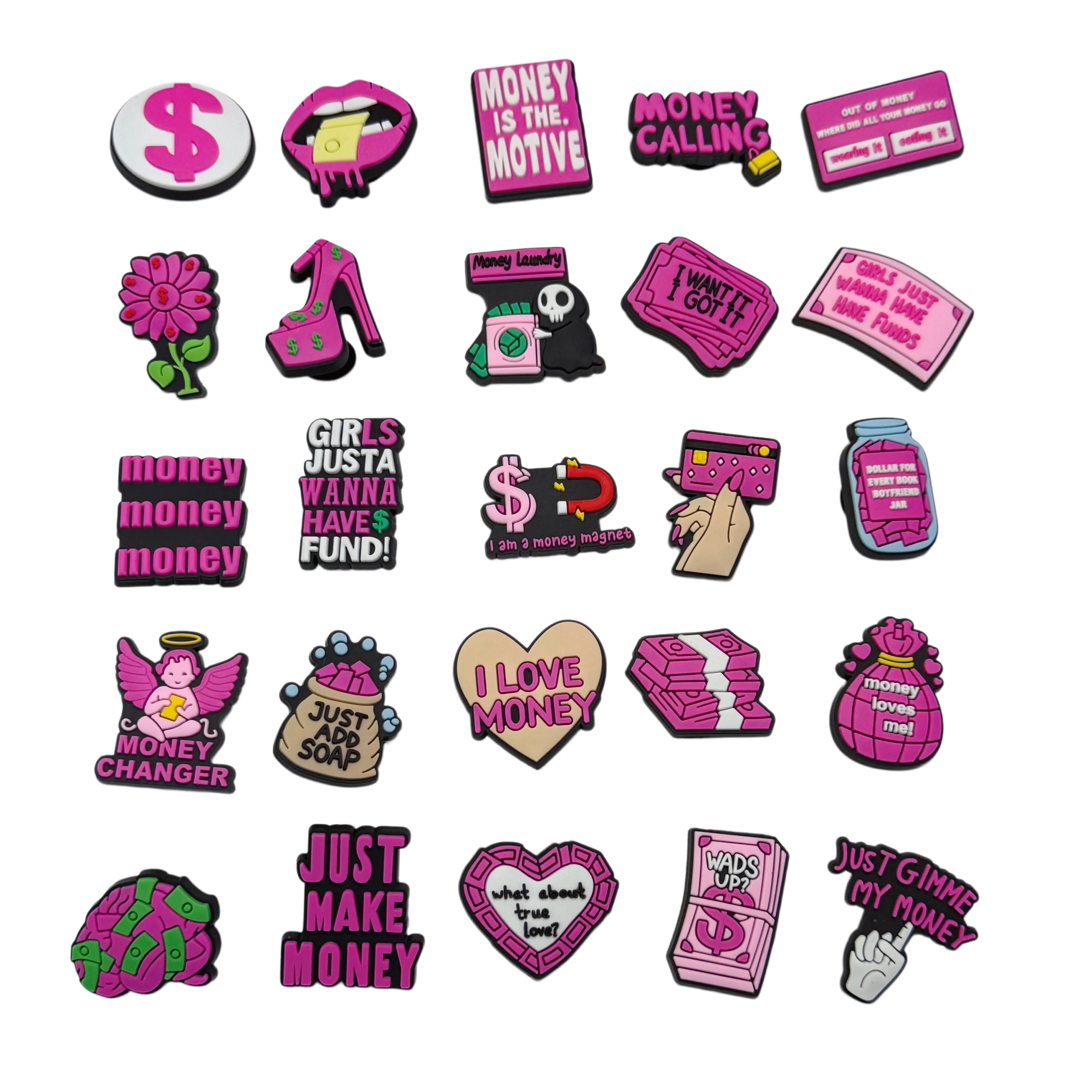 1-25Pcs Money Calling PVC Shoe Charms Just Make Money Pink Series Buckle Sandals Decoration Fit Woman Party Present